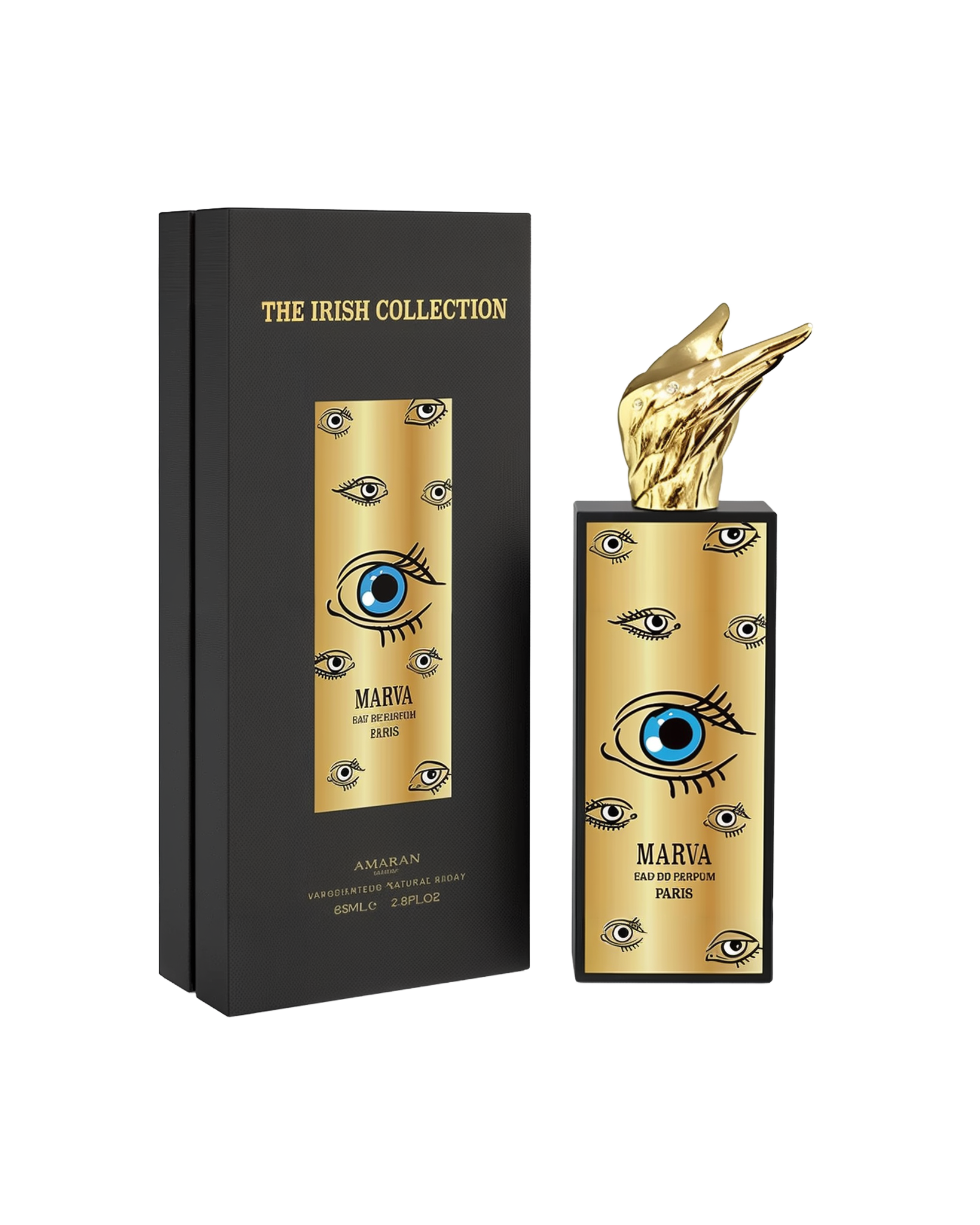 A tall rectangular black perfume bottle with a gold front panel decorated with stylized eye graphics, labeled “Marva” by Amaran. The bottle is topped with a sculpted gold wing cap and displayed next to a black box reading “The Irish Collection,” indicating 85ml (2.8 fl oz) Eau De Parfum.
