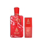 This image features a striking fragrance set from DKHAN Fragrances. On the left, there's a large red perfume bottle with a marbled white pattern, labeled "club INTENSE" and displaying the DKHAN Fragrances logo, along with the quantity "100 ml, 3.38 fl. oz., 80% vol." The bottle has a rectangular shape with rounded edges and a geometric red cap, complemented by a gold tag. To the right is a smaller, cylindrical red bottle with a smooth finish, labeled "MASHAER KHAMRIA" and the volume "15ML".