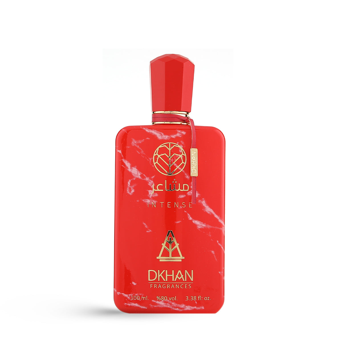 This is an image of a bold red perfume bottle with white marble-like patterns. The bottle has a geometrically shaped cap and a gold-colored label attached to the front. The label features the word "club" in lowercase letters followed by "INTENSE" in uppercase. Below, there is a logo comprising a heart inside a diamond shape and the text "DKHAN FRAGRANCES." 