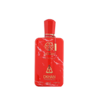 This is an image of a bold red perfume bottle with white marble-like patterns. The bottle has a geometrically shaped cap and a gold-colored label attached to the front. The label features the word "club" in lowercase letters followed by "INTENSE" in uppercase. Below, there is a logo comprising a heart inside a diamond shape and the text "DKHAN FRAGRANCES." 