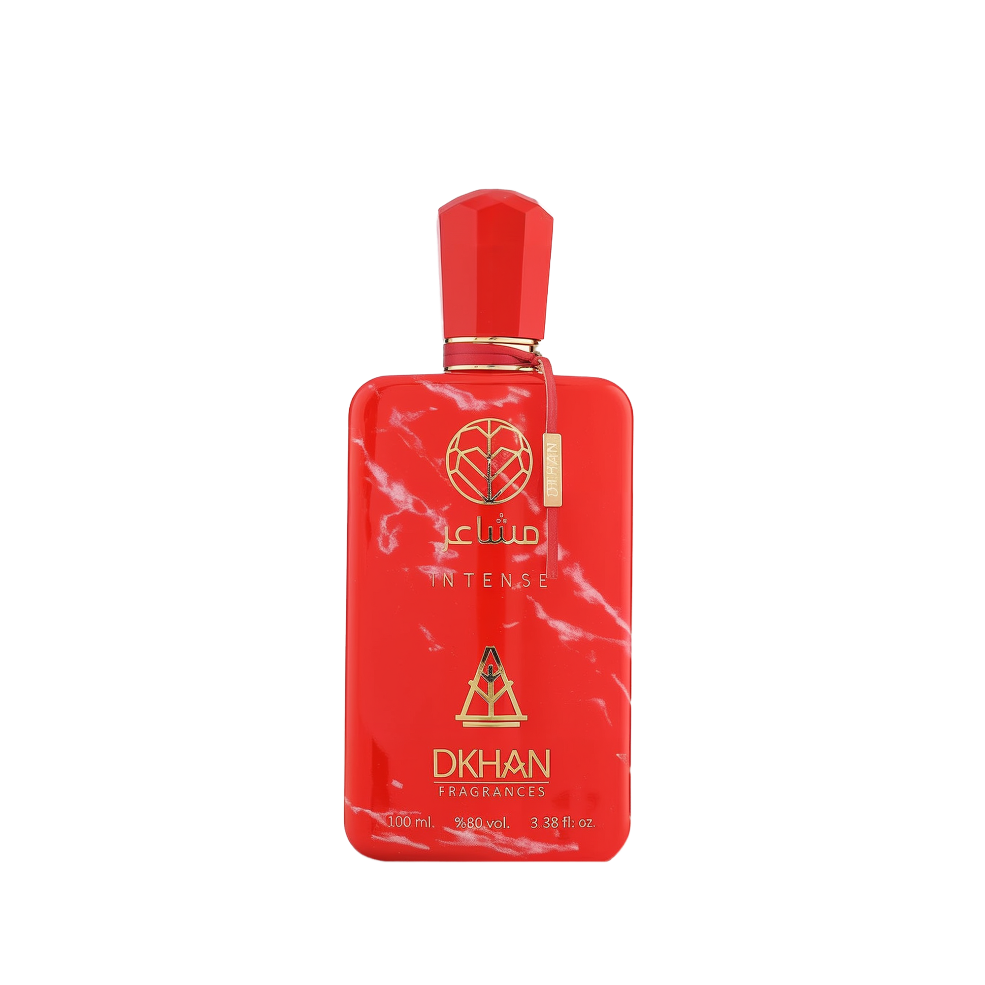 This is an image of a bold red perfume bottle with white marble-like patterns. The bottle has a geometrically shaped cap and a gold-colored label attached to the front. The label features the word "club" in lowercase letters followed by "INTENSE" in uppercase. Below, there is a logo comprising a heart inside a diamond shape and the text "DKHAN FRAGRANCES." 