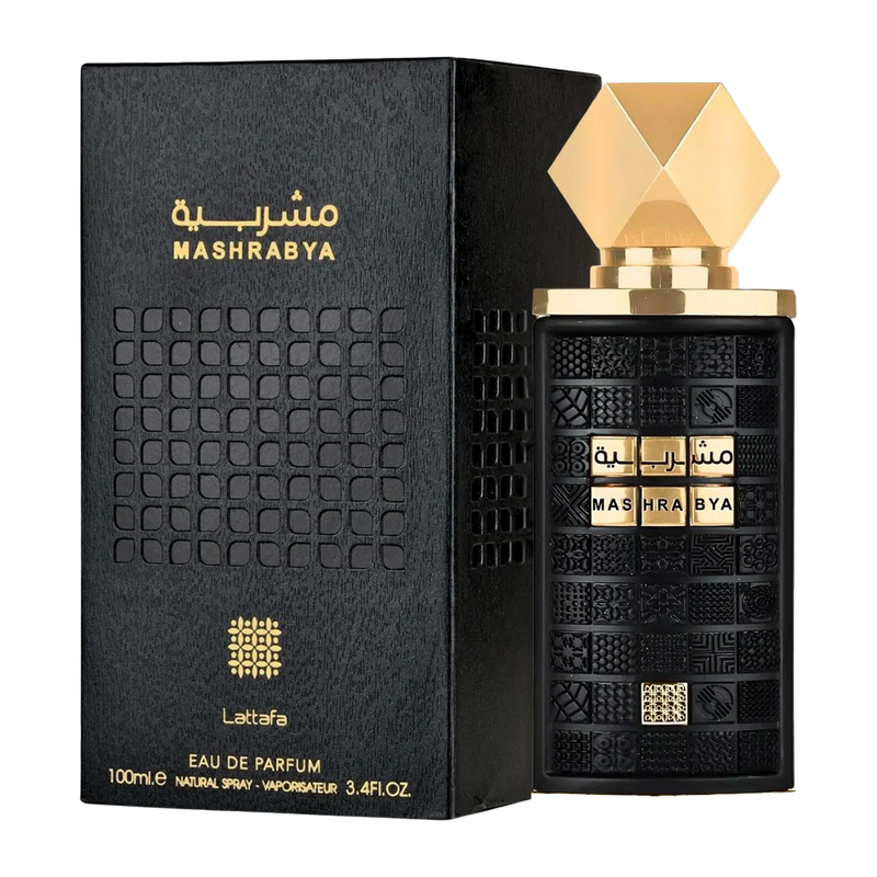 Mashrabya Eau De Parfum by Lattafa, a black textured bottle & packaging with gold accents.