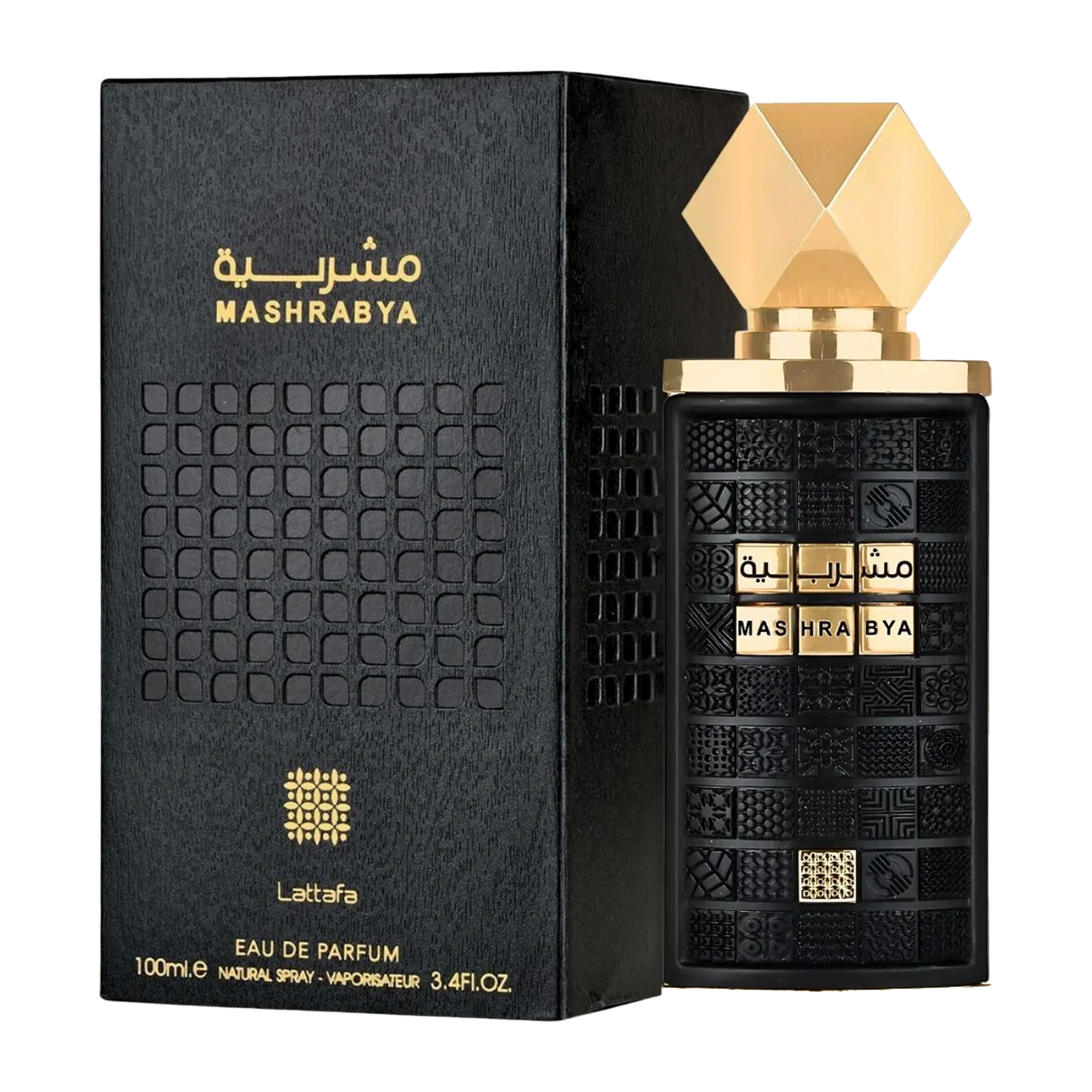 Mashrabya Eau De Parfum by Lattafa, a black textured bottle & packaging with gold accents.