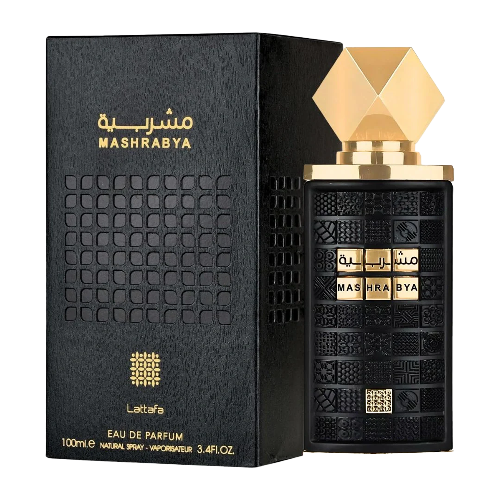 Mashrabya Eau De Parfum by Lattafa, a black textured bottle & packaging with gold accents.