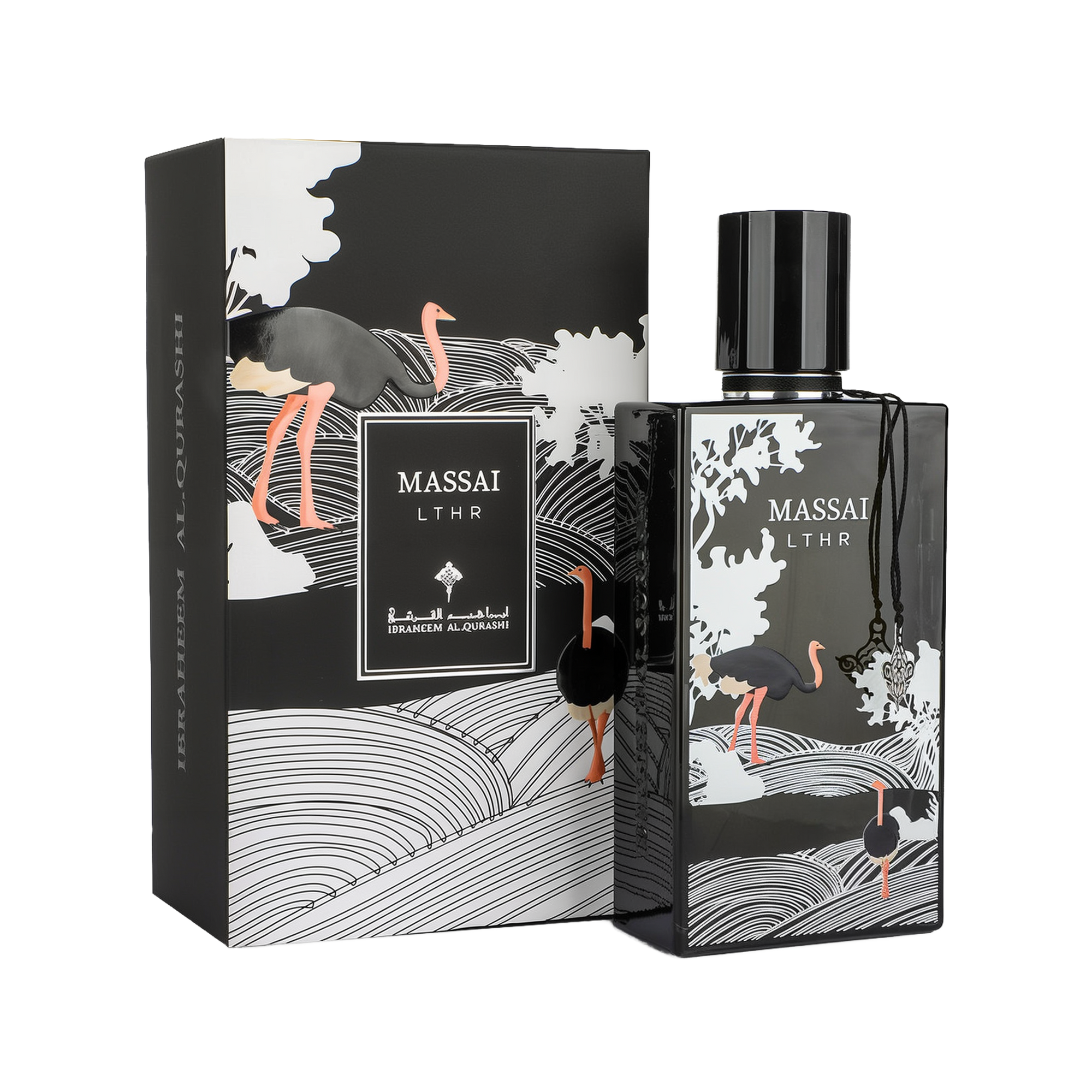 A striking bottle of Massai LTHR Eau De Parfum by Ibraheem Al-Qurashi, shown beside its coordinating box. The design features elegant black and white linework representing a savannah landscape, with illustrations of black ostriches with pink legs and beaks. The black glossy bottle includes a matching depiction, a cylindrical black cap, and a silver ornamental charm hanging from the neck. The product name 'MASSAI LTHR' is printed in white on both the bottle and the box.