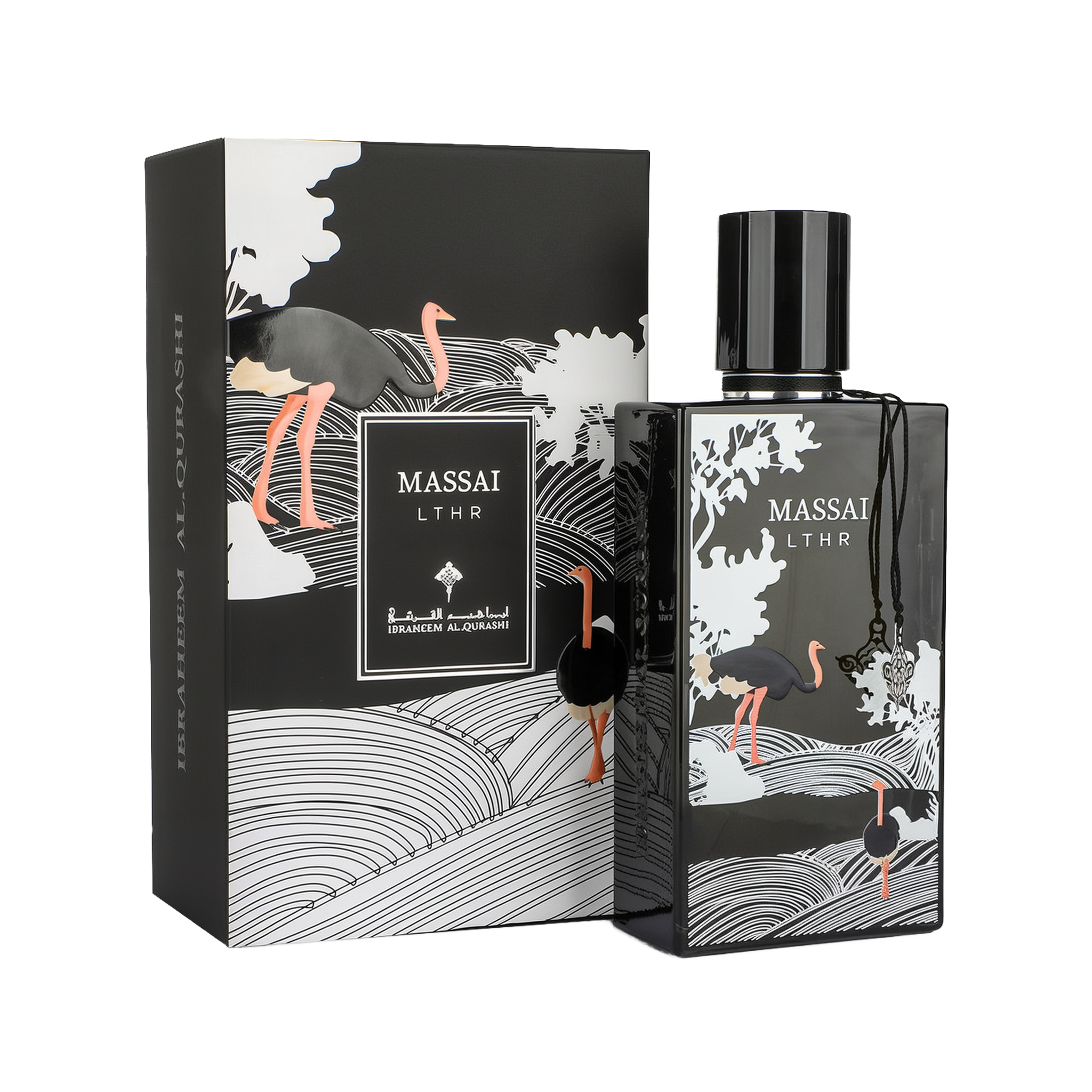 A striking bottle of Massai LTHR Eau De Parfum by Ibraheem Al-Qurashi, shown beside its coordinating box. The design features elegant black and white linework representing a savannah landscape, with illustrations of black ostriches with pink legs and beaks. The black glossy bottle includes a matching depiction, a cylindrical black cap, and a silver ornamental charm hanging from the neck. The product name 'MASSAI LTHR' is printed in white on both the bottle and the box.