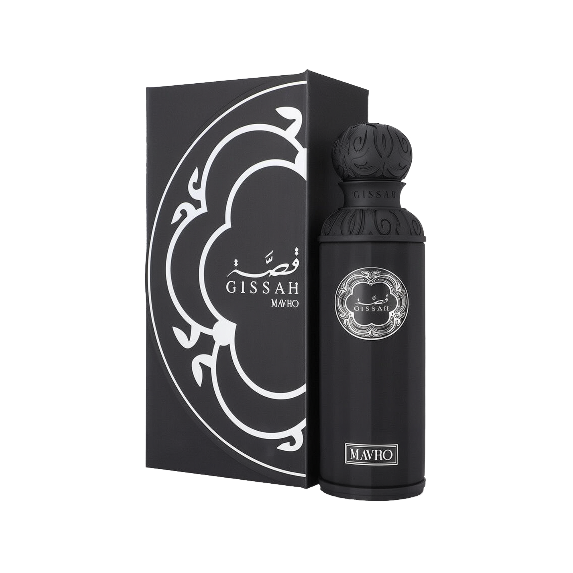 A sleek, cylindrical black perfume bottle with an ornate spherical cap, labeled “Gissah Mavro” in silver, standing next to a matching black box adorned with a stylized silver pattern.