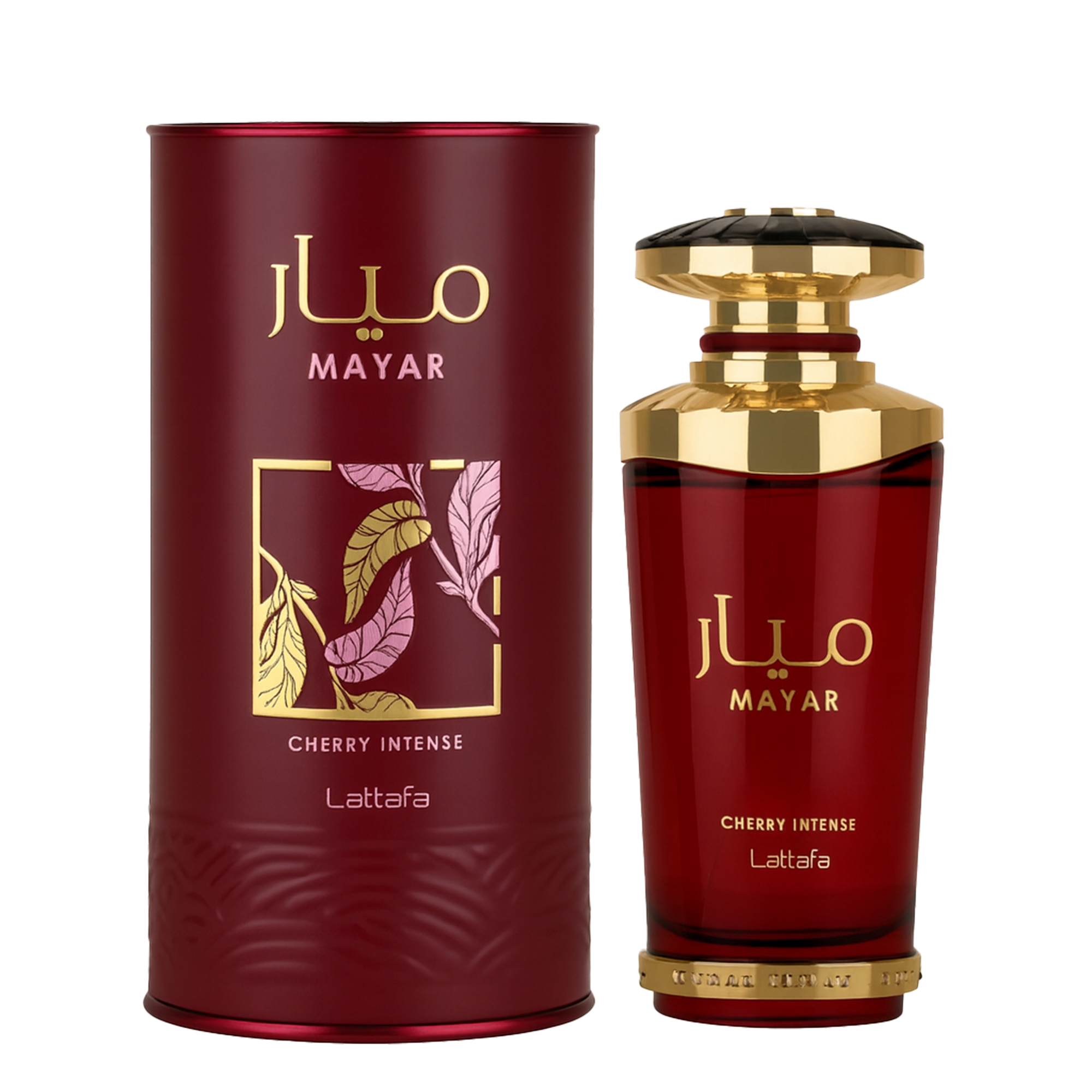 Lattafa Mayar Cherry Intense perfume bottle and cylindrical packaging in red and gold.