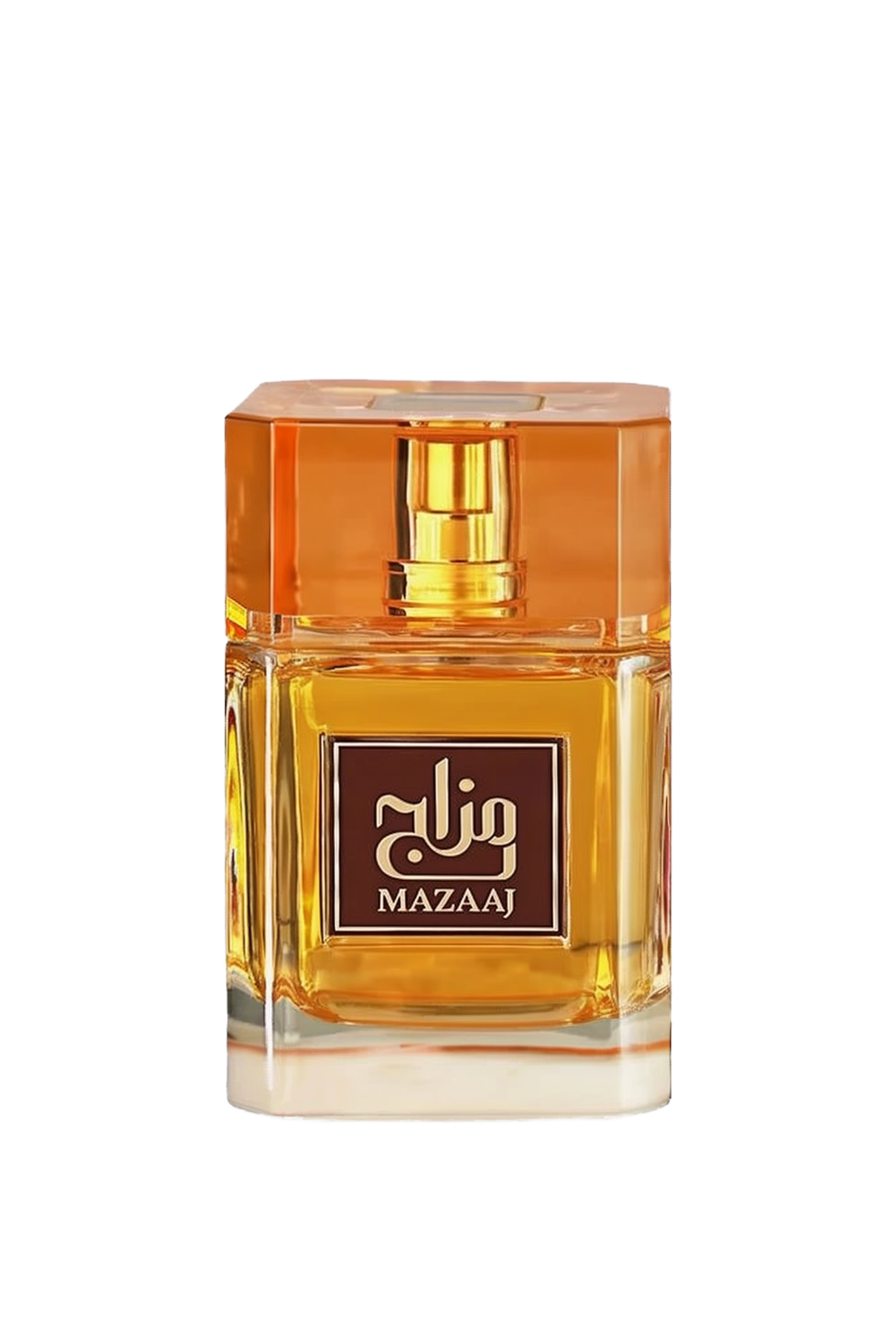 The image shows a bottle of "Mazaaj" perfume. The bottle is rectangular and made of clear glass, showcasing the golden-yellow liquid inside. It has a matching golden-yellow cap with a faceted design. The front of the bottle features a brown label with gold text in Arabic and English, reading "Mazaaj." The overall design is elegant and sophisticated, with a warm color palette that complements the fragrance.