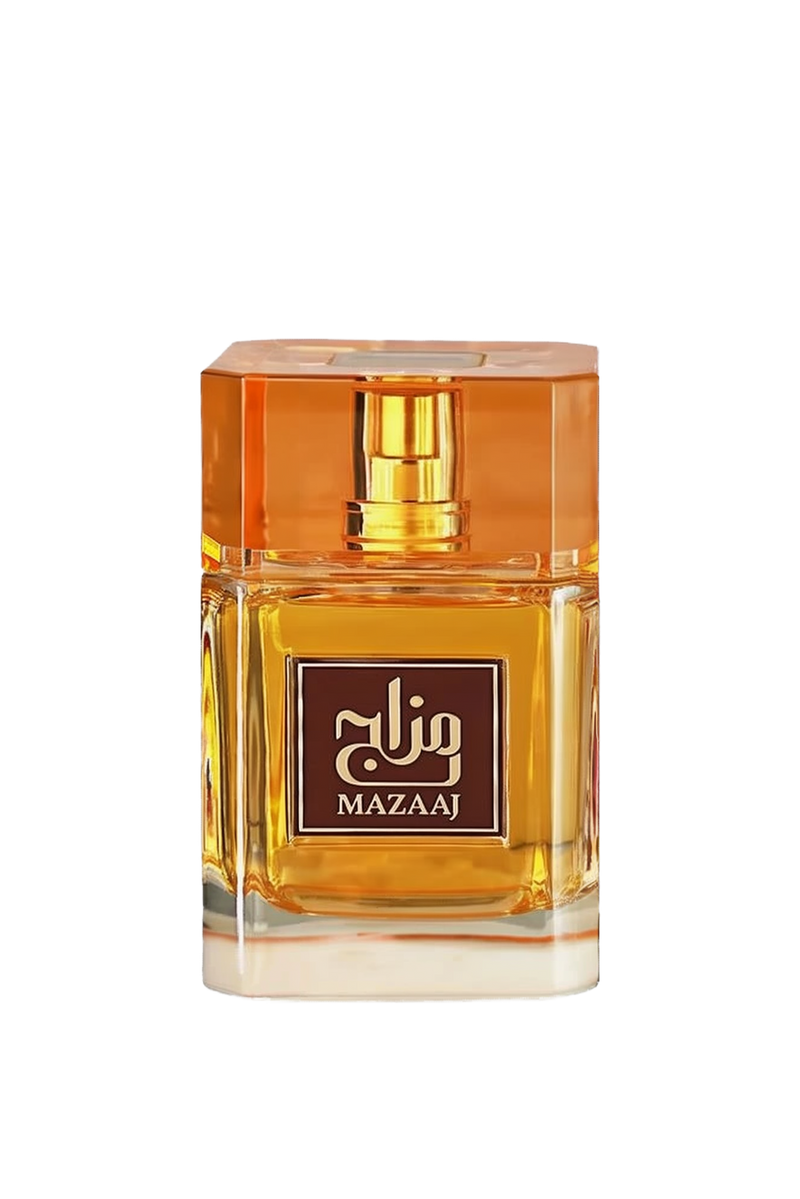 The image shows a bottle of "Mazaaj" perfume. The bottle is rectangular and made of clear glass, showcasing the golden-yellow liquid inside. It has a matching golden-yellow cap with a faceted design. The front of the bottle features a brown label with gold text in Arabic and English, reading "Mazaaj." The overall design is elegant and sophisticated, with a warm color palette that complements the fragrance.