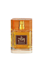 The image shows a bottle of "Mazaaj" perfume. The bottle is rectangular and made of clear glass, showcasing the golden-yellow liquid inside. It has a matching golden-yellow cap with a faceted design. The front of the bottle features a brown label with gold text in Arabic and English, reading "Mazaaj." The overall design is elegant and sophisticated, with a warm color palette that complements the fragrance.