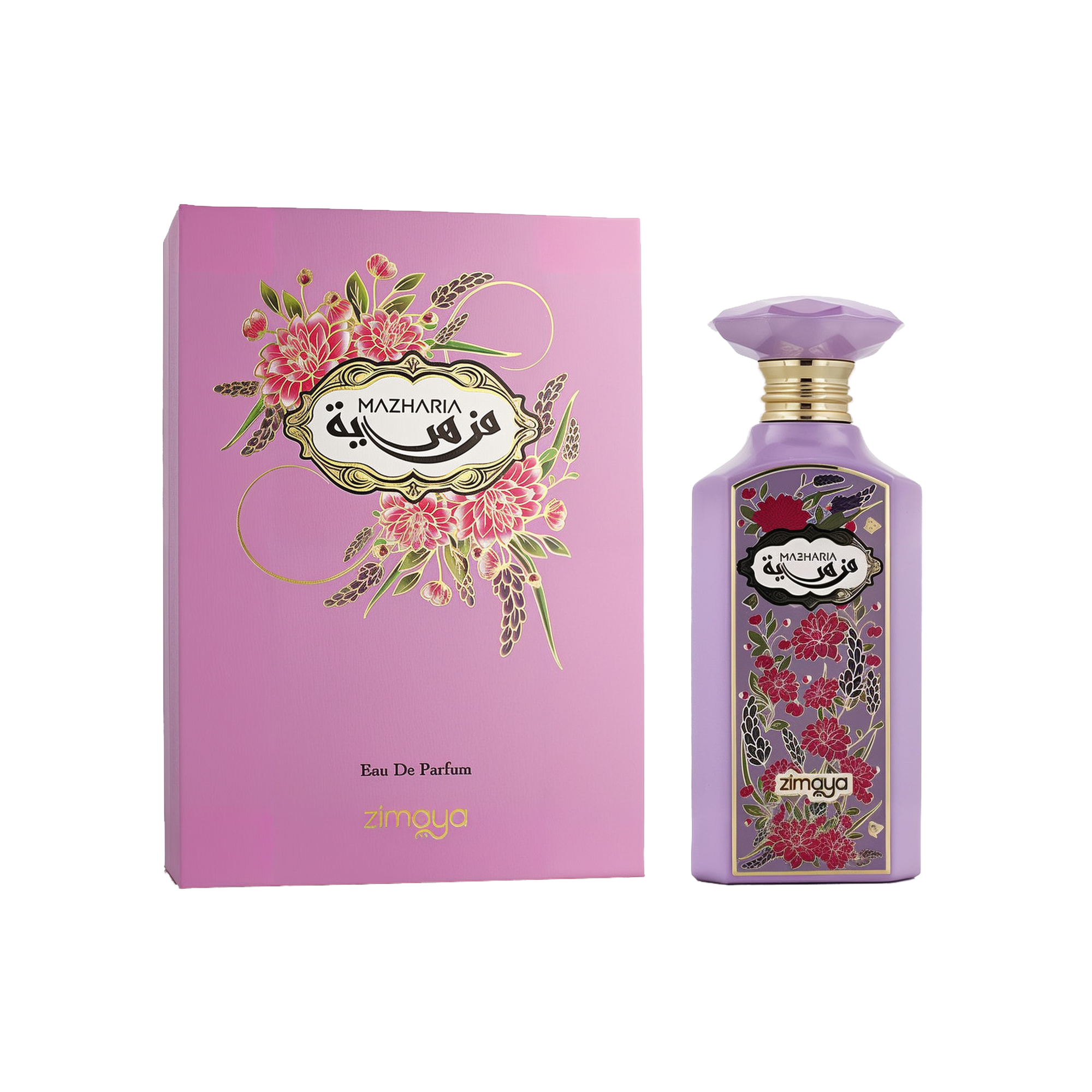 A bottle and box of Mazharia Eau De Parfum by Zimaya. The packaging and bottle are both in a soft lavender color with intricate floral designs in shades of red, pink, and green. The label reads "MAZHARIA" in both English and Arabic within an ornate black and gold frame. The perfume bottle has a faceted cap and gold neck, and both the box and bottle are elegantly adorned with floral artwork.