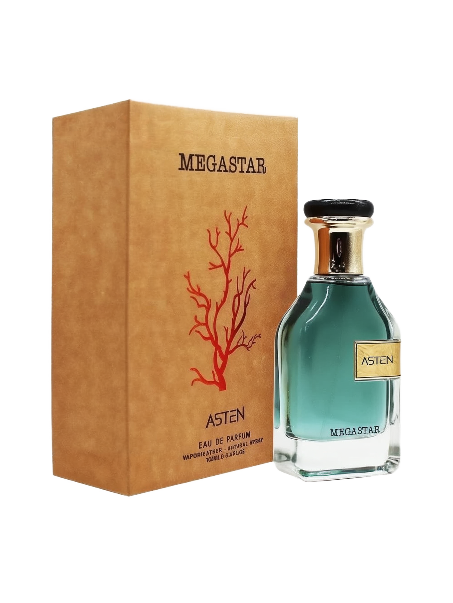 A clear glass perfume bottle containing teal liquid labeled ‘Asten Megastar,’ featuring a gold neck and a black cap, displayed next to its tan, cardboard-style box with a red coral motif and ‘MEGASTAR’ text.