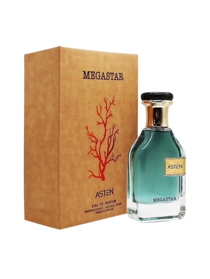 A clear glass perfume bottle containing teal liquid labeled ‘Asten Megastar,’ featuring a gold neck and a black cap, displayed next to its tan, cardboard-style box with a red coral motif and ‘MEGASTAR’ text.