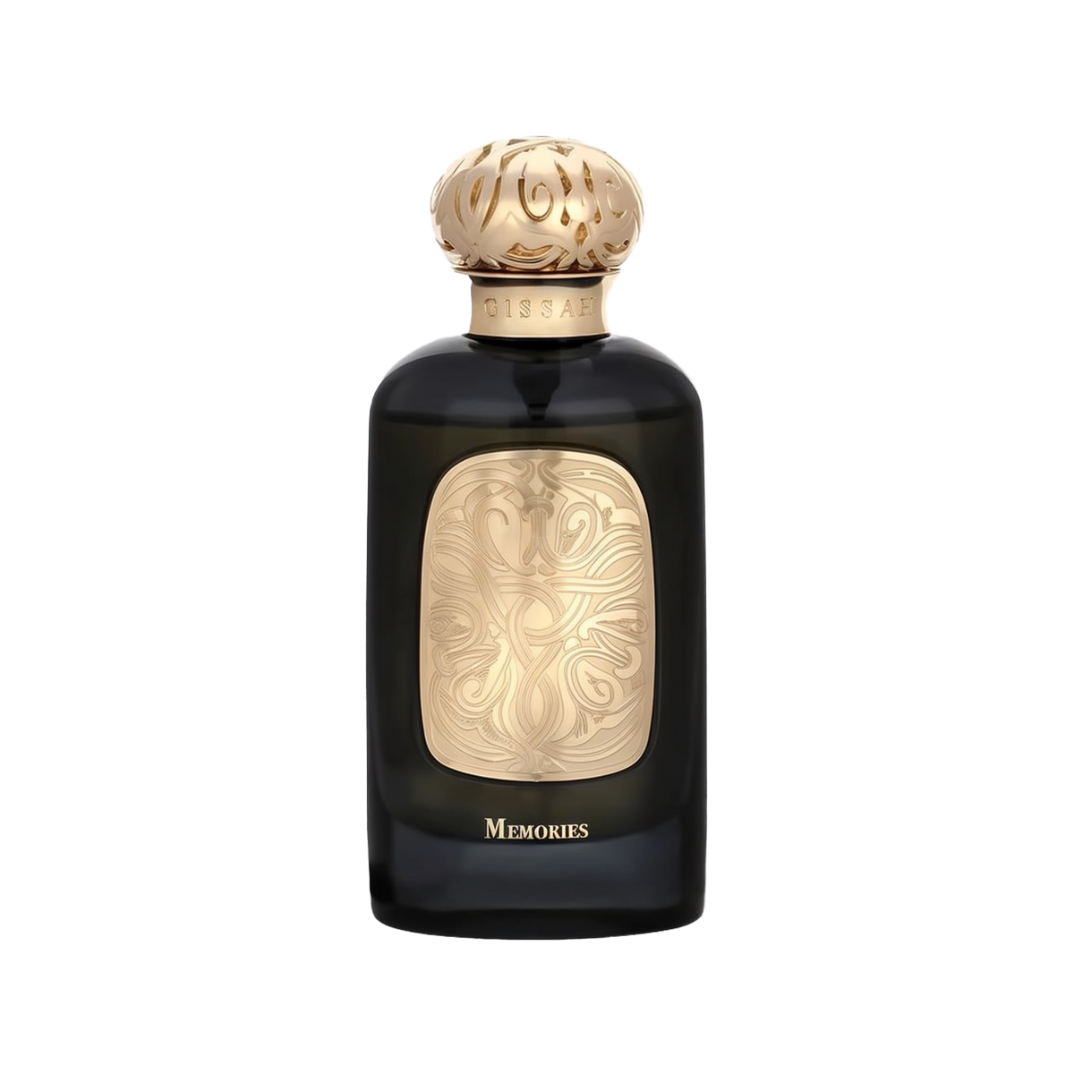 The image shows a dark, luxurious perfume bottle from Gissah named "Memories." The bottle has a sleek, rounded shape with a black finish. A large, ornate gold plaque featuring intricate patterns is placed on the front of the bottle, adding an elegant touc