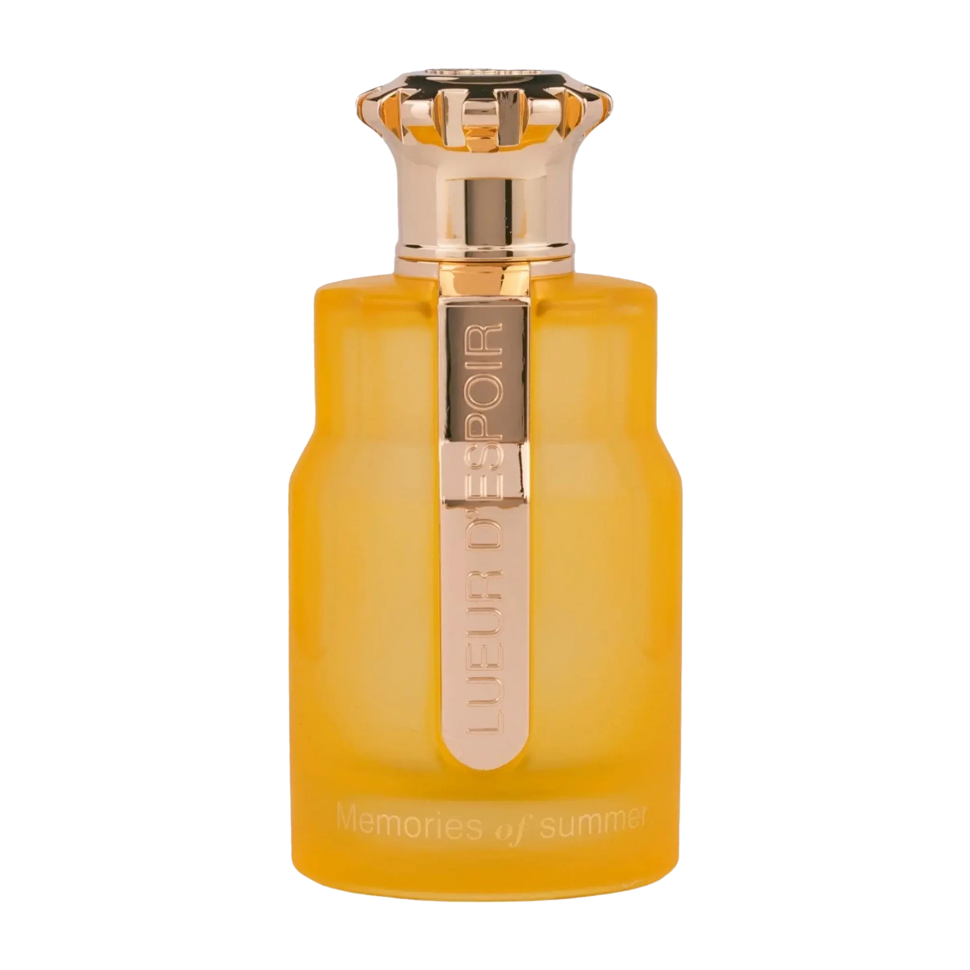 Bright yellow perfume bottle with gold crown-shaped cap and Memories of Summer branding on front.