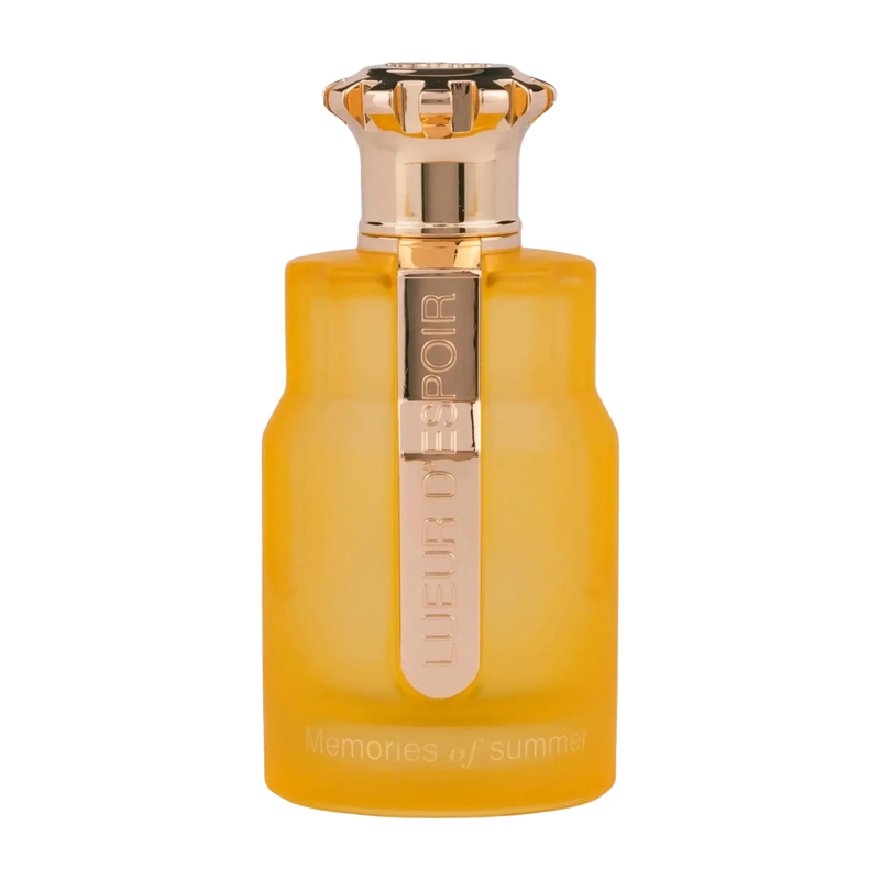 Bright yellow perfume bottle with gold crown-shaped cap and Memories of Summer branding on front.