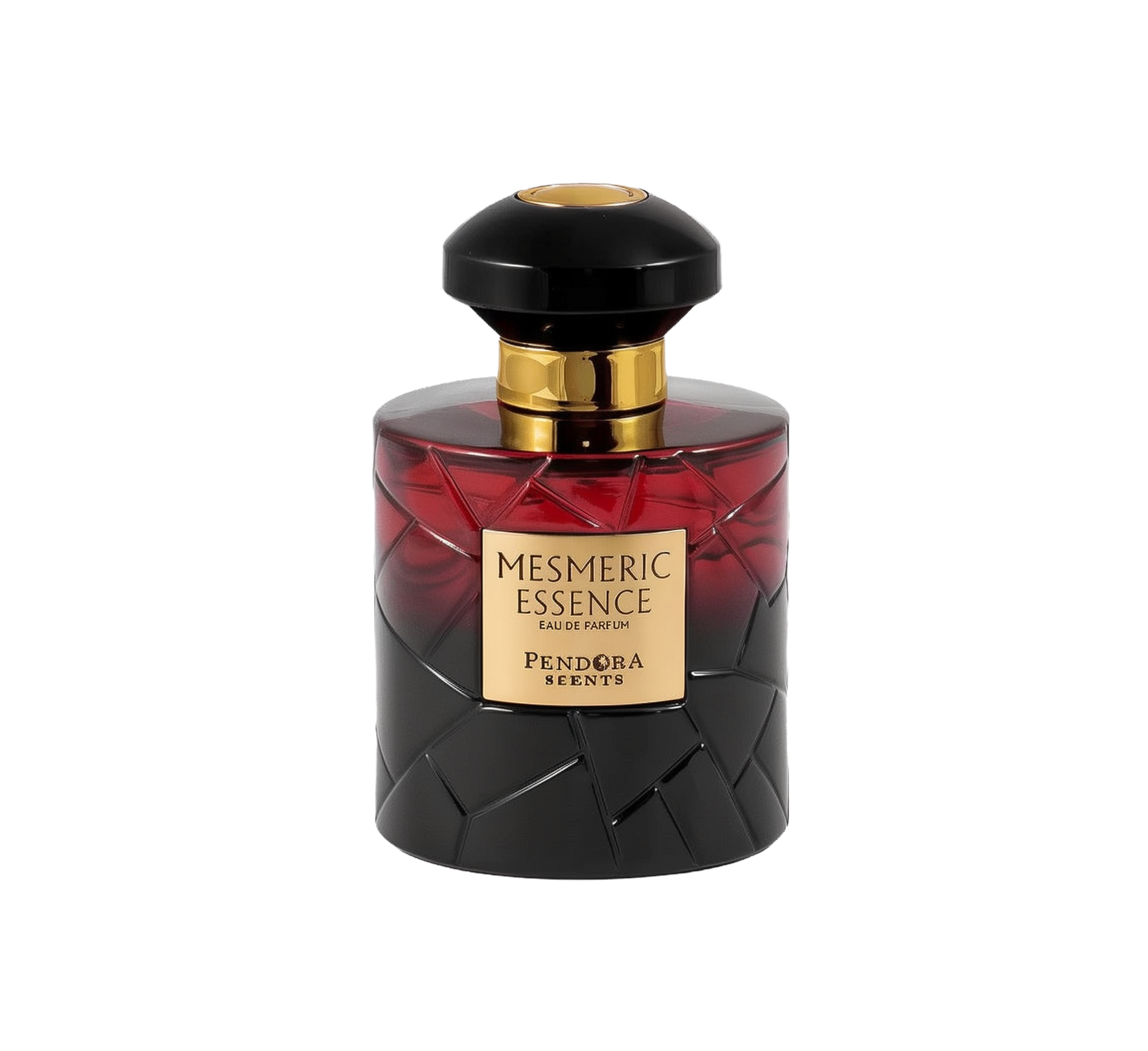 A tall, cylindrical perfume bottle with a gradient red-to-black design, topped by a glossy black cap and featuring a gold label that reads “Mesmeric Essence Eau De Parfum – Pendora Scents.