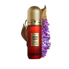 This image features a tall, cylindrical perfume bottle with a gold cap, labeled "Mexican Tobacco" by Ibraheem Al Qurashi. The bottle is red with a vertical gradient, and the volume is indicated as "100 ml / 3.4 fl.oz." Beside the bottle is a spray of purple flowers and a dry tobacco leaf, likely representing the fragrance's notes.