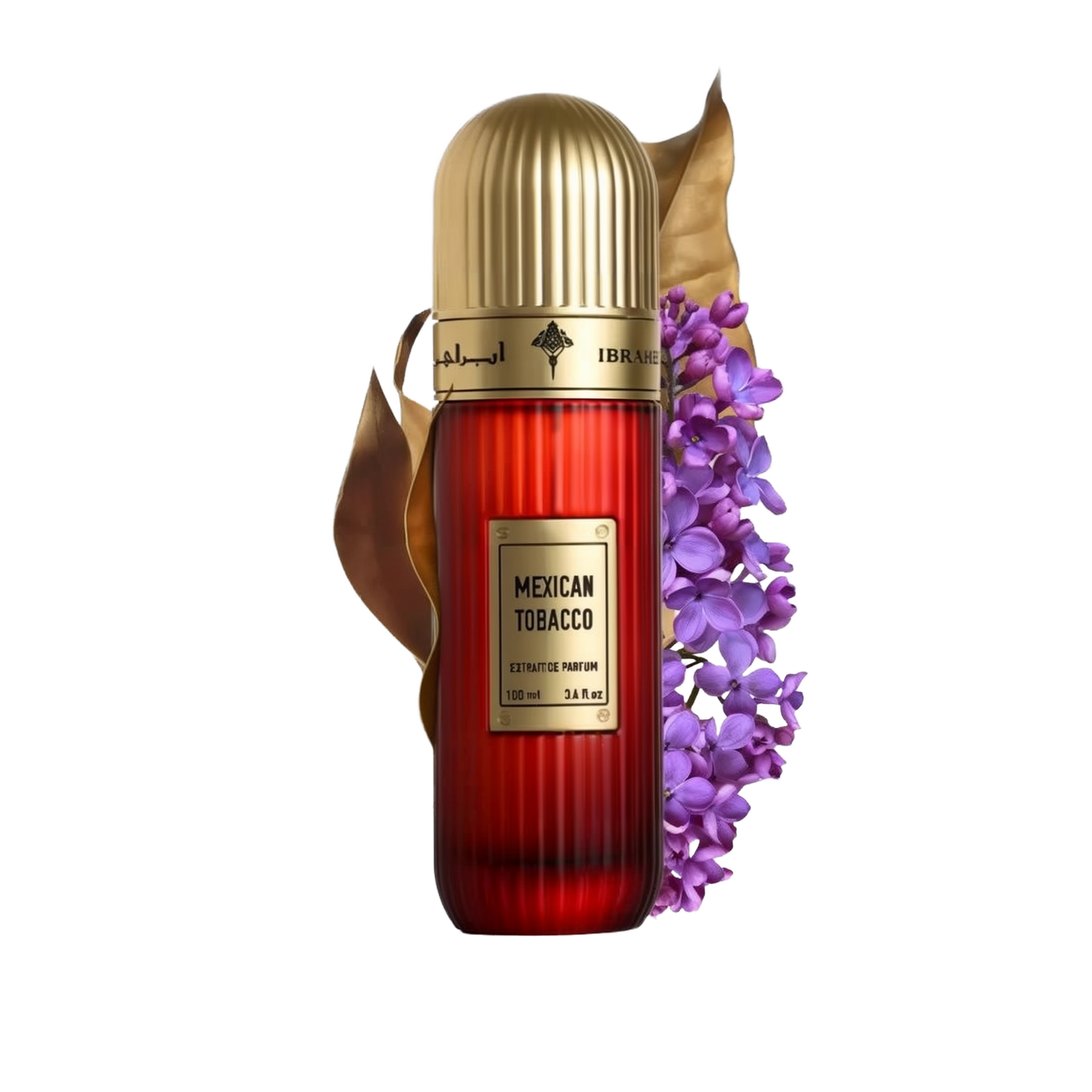 This image features a tall, cylindrical perfume bottle with a gold cap, labeled "Mexican Tobacco" by Ibraheem Al Qurashi. The bottle is red with a vertical gradient, and the volume is indicated as "100 ml / 3.4 fl.oz." Beside the bottle is a spray of purple flowers and a dry tobacco leaf, likely representing the fragrance's notes.
