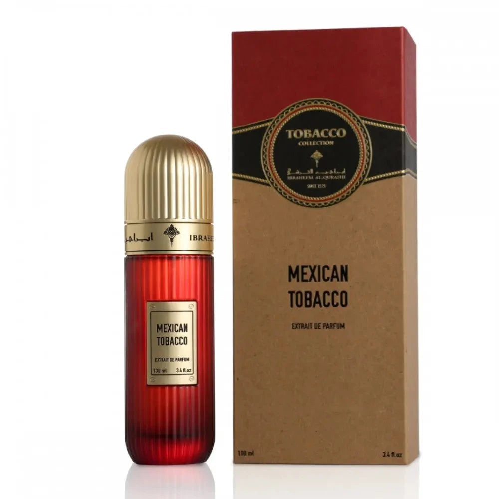 This image features a tall, cylindrical red gradient perfume bottle with a gold cap on the left, labeled "Mexican Tobacco" by Ibraheem Al Qurashi. The volume of the perfume is stated as "100 ml / 3.4 fl.oz." On the right is the packaging, which is a box with a kraft paper base and a red upper section. The box is labeled "TOBACCO COLLECTION" in a circular emblem and "MEXICAN TOBACCO" with "Extrait de Parfum" below it.