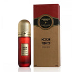 This image features a tall, cylindrical red gradient perfume bottle with a gold cap on the left, labeled "Mexican Tobacco" by Ibraheem Al Qurashi. The volume of the perfume is stated as "100 ml / 3.4 fl.oz." On the right is the packaging, which is a box with a kraft paper base and a red upper section. The box is labeled "TOBACCO COLLECTION" in a circular emblem and "MEXICAN TOBACCO" with "Extrait de Parfum" below it.