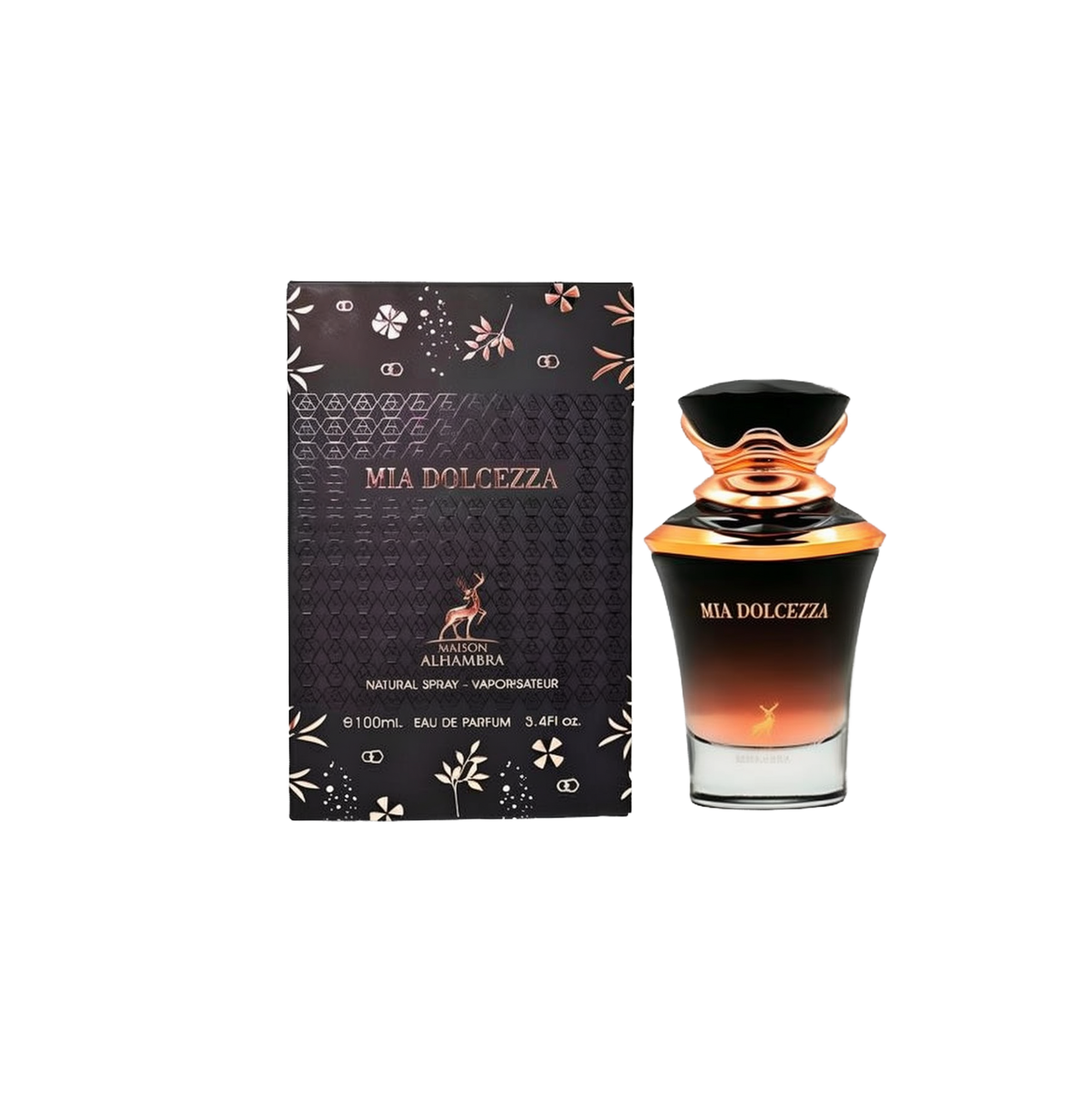 A rectangular black box with gold floral accents labeled “Mia Dolcezza” by Maison Alhambra stands beside a matching black-to-gold ombré glass perfume bottle with a decorative cap, displaying the same product name and brand.