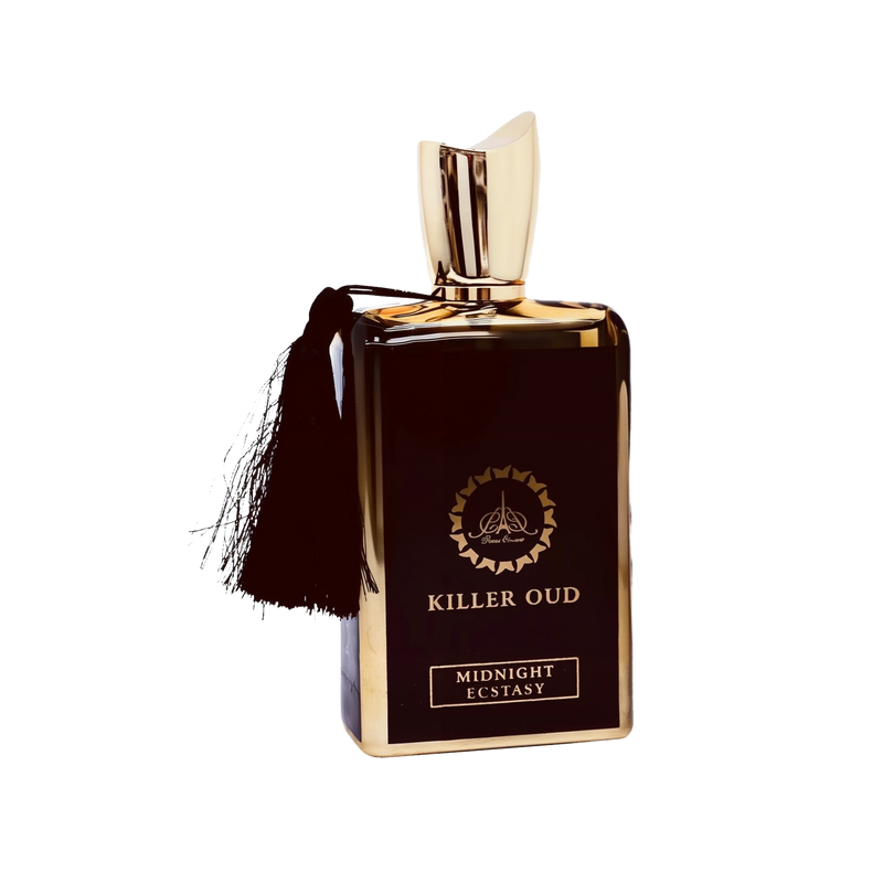 A sleek, rectangular black perfume bottle with gold accents and a tassel attached at the neck, featuring a sculpted gold cap and the words “Killer Oud Midnight Ecstasy” on the front.