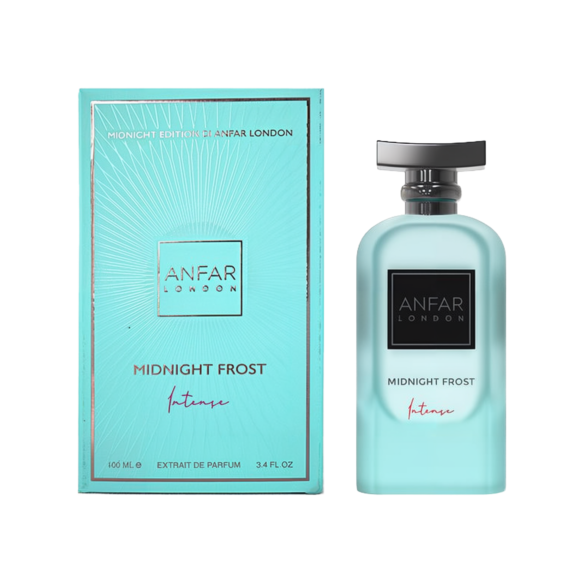 A sleek, rectangular turquoise perfume bottle labeled “Anfar London Midnight Frost Intense” with a glossy black cap, shown beside its matching turquoise box featuring metallic accents and the same branding and fragrance details.