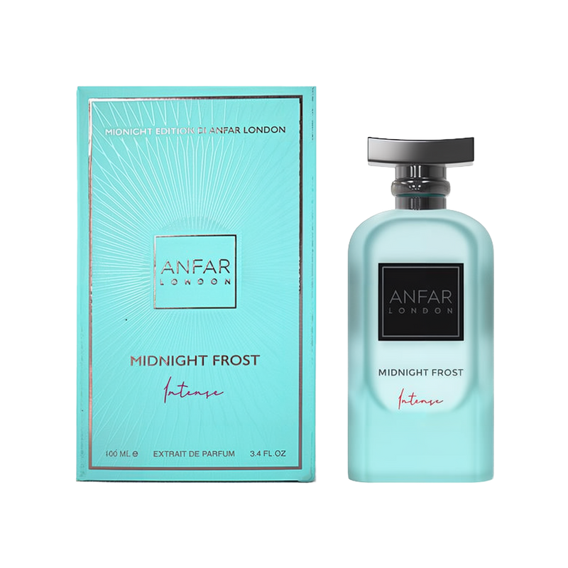 A sleek, rectangular turquoise perfume bottle labeled “Anfar London Midnight Frost Intense” with a glossy black cap, shown beside its matching turquoise box featuring metallic accents and the same branding and fragrance details.