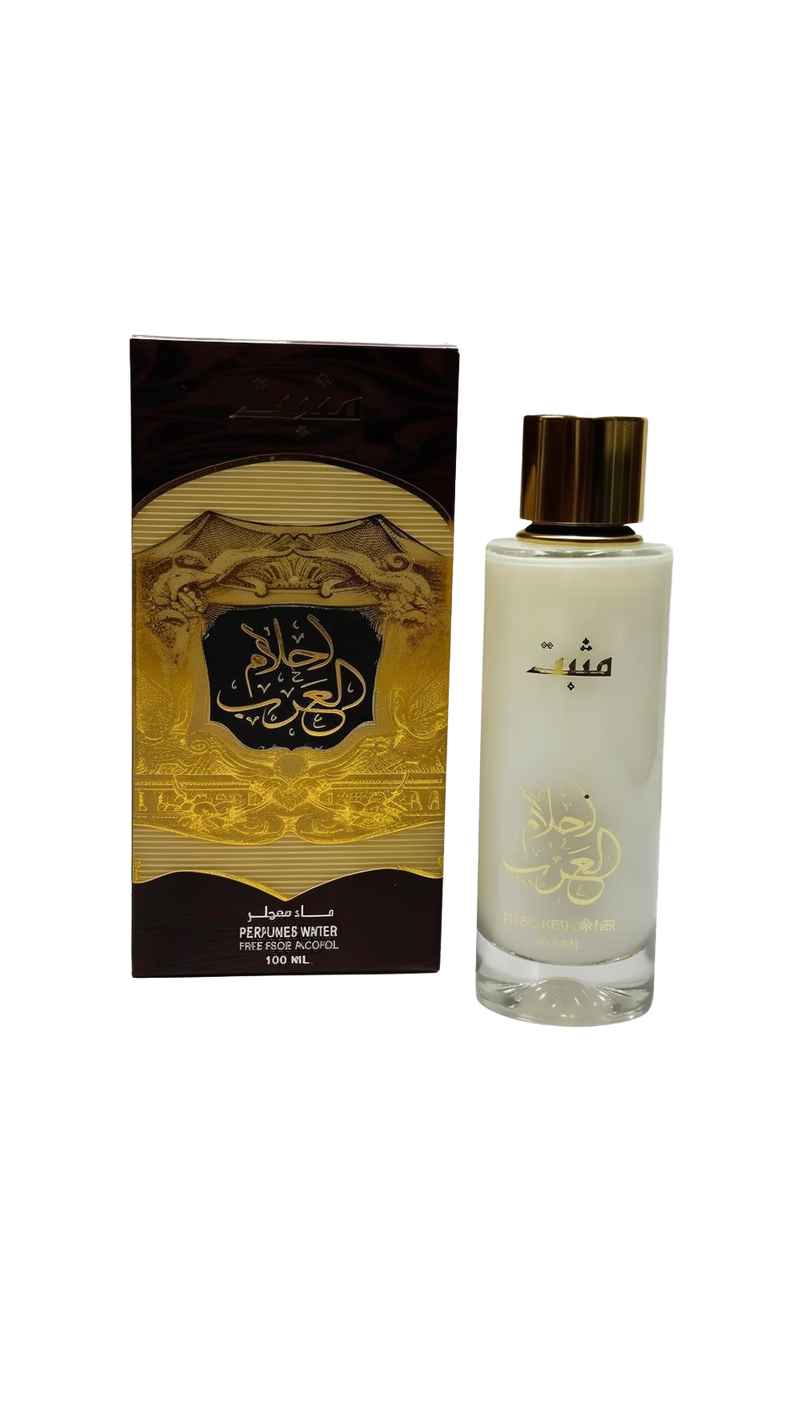 A product image featuring a bottle of perfumed water next to its packaging. The bottle is clear with a frosted finish and gold lettering, alongside a shiny gold cap. It holds 100 ml of liquid. The box has a luxurious design with gold and black colors, Ara