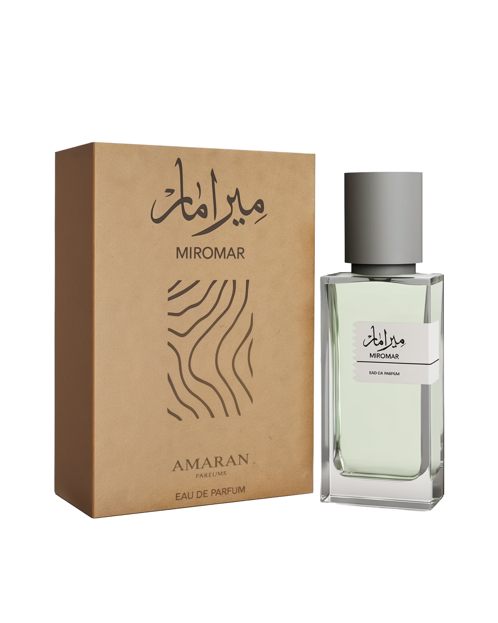 A minimalist and elegant perfume presentation of "Miromar" Eau De Parfum by Amaran Parfums.