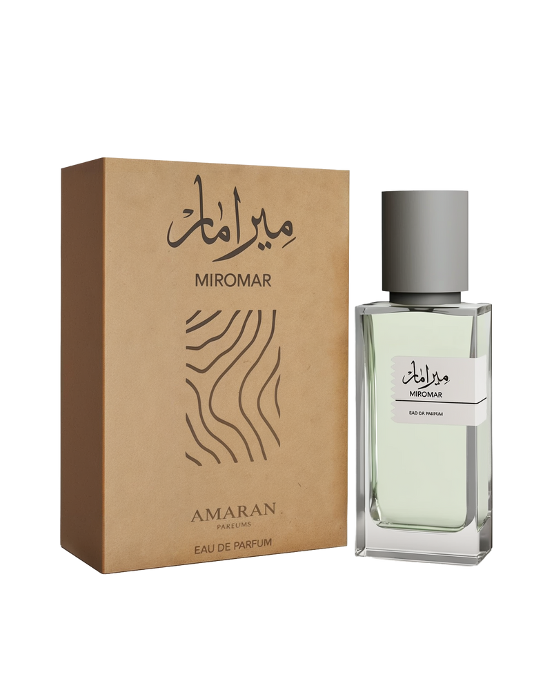 A minimalist and elegant perfume presentation of "Miromar" Eau De Parfum by Amaran Parfums.