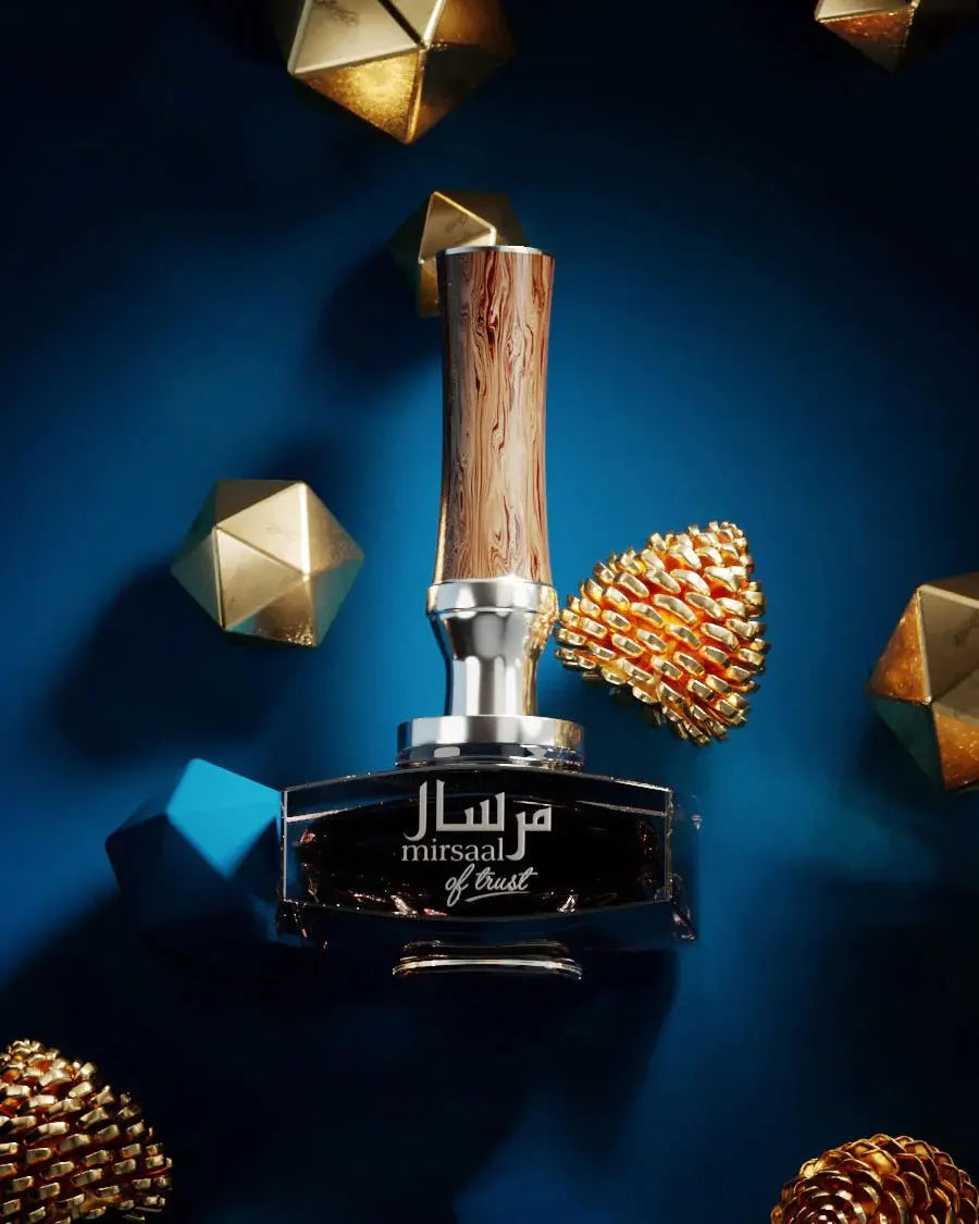 The image features the Mirsaal of Trust EDP 90ml perfume bottle, artistically placed among golden geometric ornaments and pinecone decorations on a deep blue background. The bottle's clear glass with dark contents contrasts beautifully with the wooden texture of the cap and the shiny metallic accents. The perfume's label, displayed in Arabic and English script, adds an element of cultural richness. The setting conveys a sense of luxury and celebration, aligning with the perfume's prestigious essence.