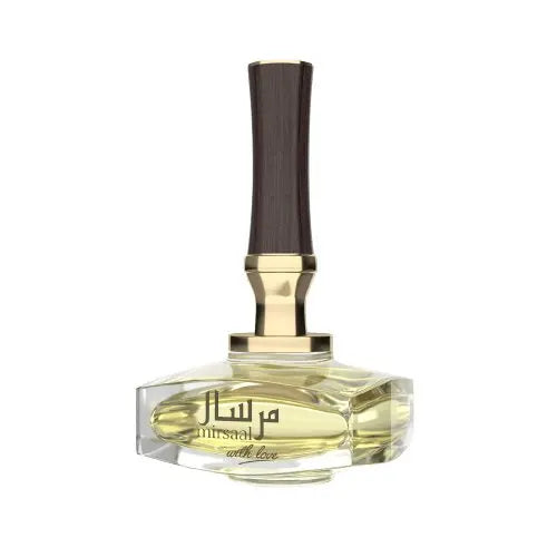 The image is of a sophisticated perfume bottle named "Mirsaal With Love" by Afnan Perfumes. The bottle has a clear glass base with a golden neck and a wooden-textured cap, giving it a modern yet classic look. Arabic script is elegantly displayed on the front of the bottle, with the English translation "with love" beneath it, indicating the perfume's name. The design suggests a blend of traditional Middle Eastern elegance with contemporary design elements, aimed at a chic and discerning clientele.