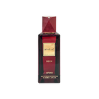 The image displays a sophisticated perfume bottle named "Modest Deux" by Afnan Perfumes. It features a deep burgundy color with a geometric cap that has a metallic finish and a diamond-like embellishment on top. The label is a simple gold plaque with the name "Modest" in elegant script, followed by "POUR FEMME" indicating it's for women, and "DEUX" beneath it. 