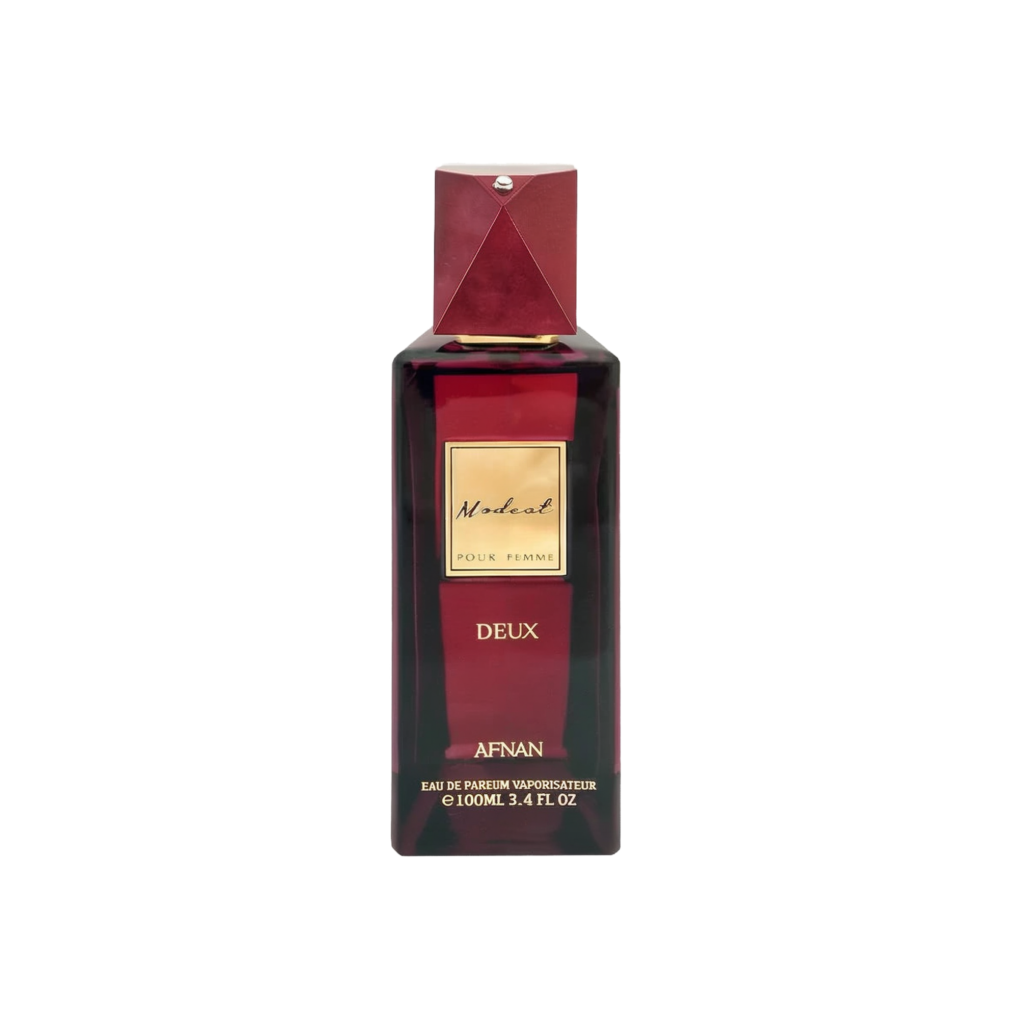 The image displays a sophisticated perfume bottle named "Modest Deux" by Afnan Perfumes. It features a deep burgundy color with a geometric cap that has a metallic finish and a diamond-like embellishment on top. The label is a simple gold plaque with the name "Modest" in elegant script, followed by "POUR FEMME" indicating it's for women, and "DEUX" beneath it. 