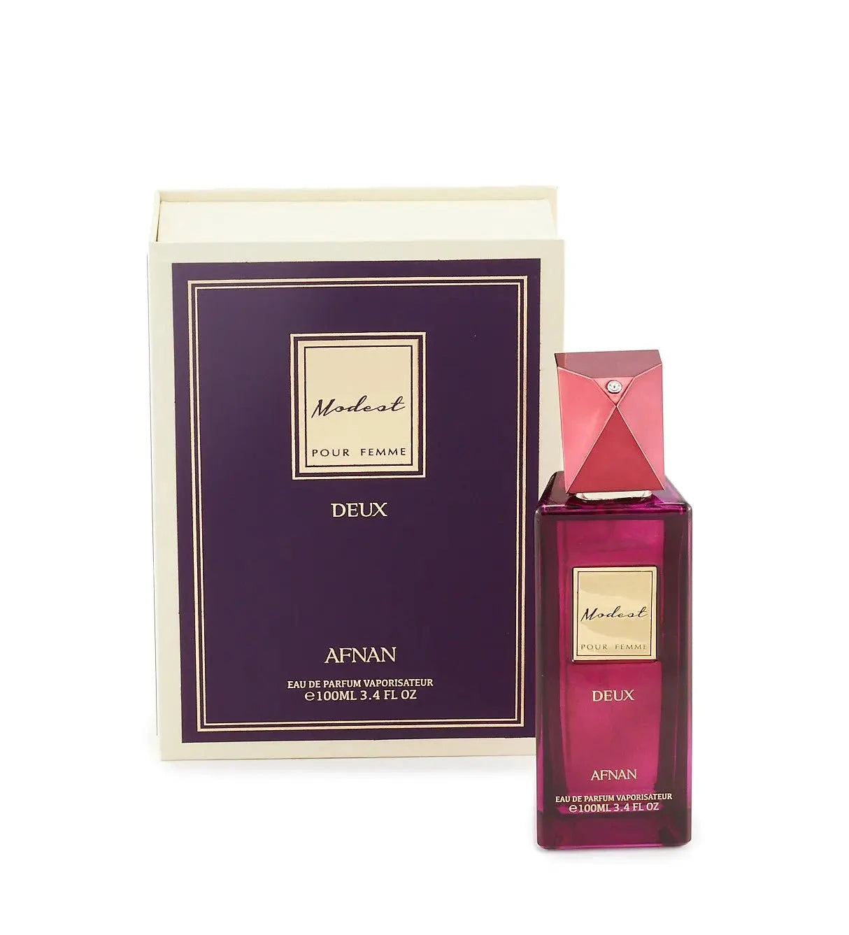 The image shows the "Modest Deux Pour Femme" perfume by Afnan, presented next to its packaging. The perfume bottle is a deep burgundy color with a geometric, diamond-shaped cap accented with a silver band and a gemstone. The golden label on the bottle echoes the elegance with the name "Modest" in a classic font.  The overall aesthetic suggests a luxurious and sophisticated fragrance for women.