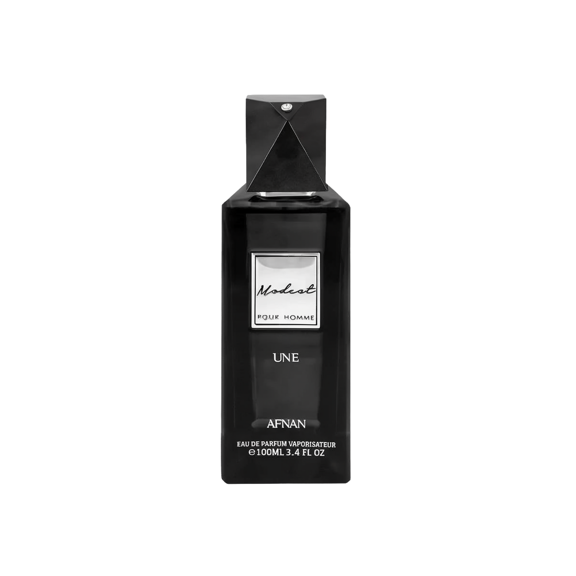 The image is of a black perfume bottle for "Modest UNE" by Afnan Perfumes. The bottle has a sleek, rectangular shape with a black cap and a diamond-like embellishment on the top. The label on the bottle is white with black lettering that reads "Modest" in