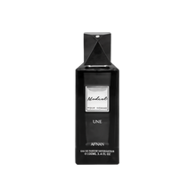 The image is of a black perfume bottle for "Modest UNE" by Afnan Perfumes. The bottle has a sleek, rectangular shape with a black cap and a diamond-like embellishment on the top. The label on the bottle is white with black lettering that reads "Modest" in