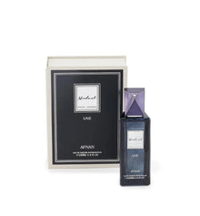 The image shows a bottle of "Modest UNE" eau de parfum for men by Afnan Perfumes, alongside its packaging. The perfume bottle is dark blue with a silver cap and a label that matches the design of the box. The box is white with a black border and features 