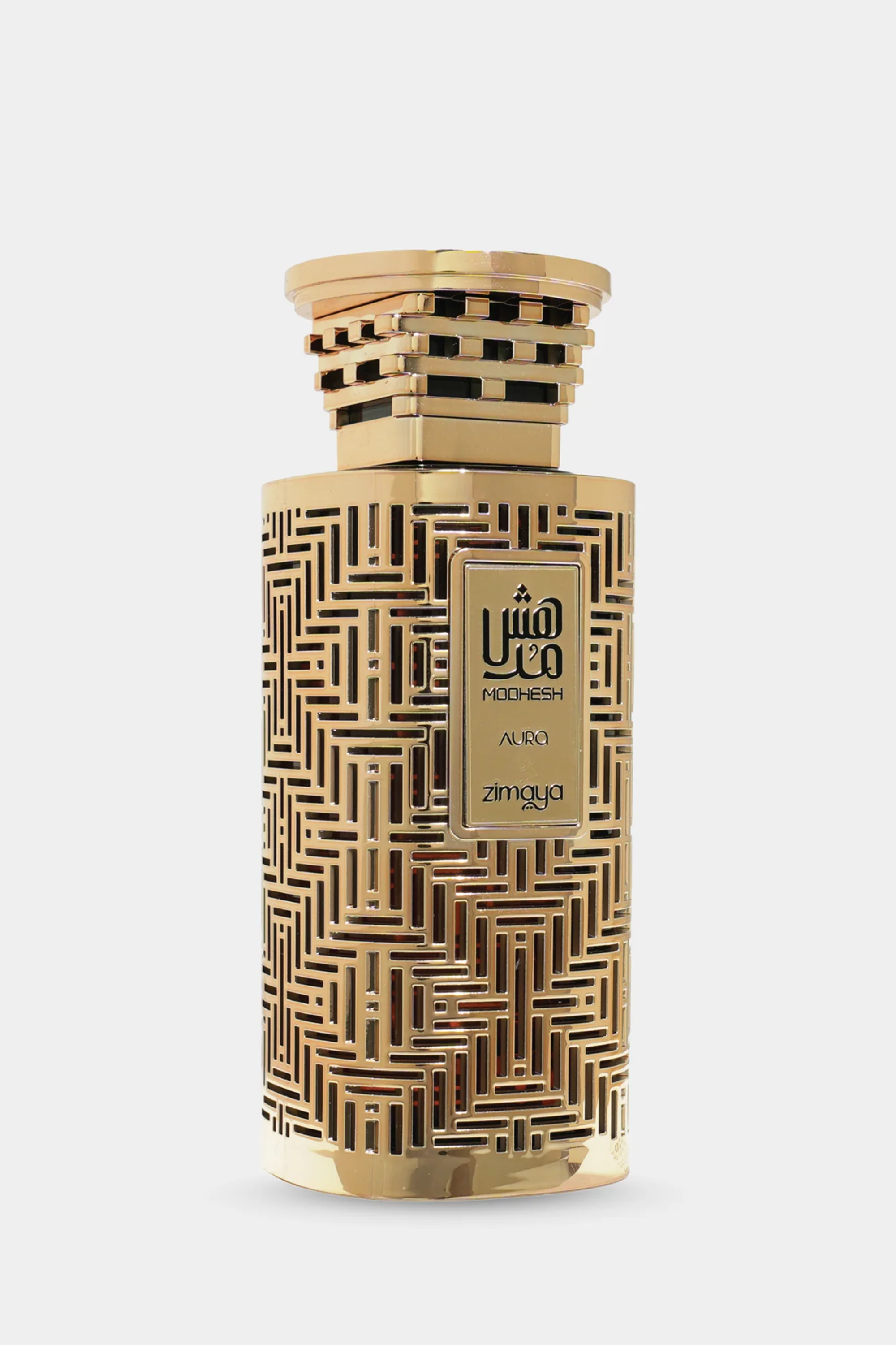 Zimaya Modhesh Aura perfume in intricate gold patterned bottle with decorative square cap.