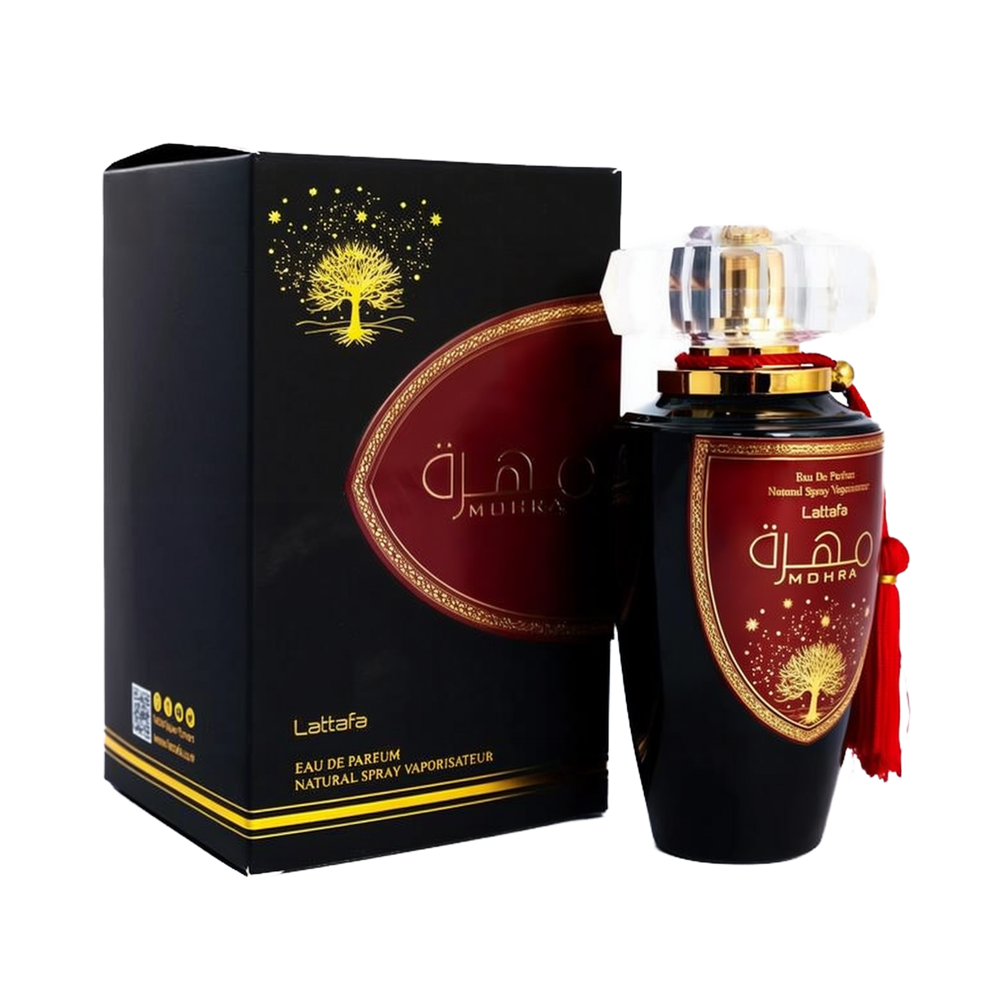 A luxurious black and gold box of "Mohra" Eau de Parfum by Lattafa, featuring an ornate golden tree design and elegant Arabic script. The box is placed next to a matching perfume bottle with a black base, adorned with a large maroon and gold label. The bo