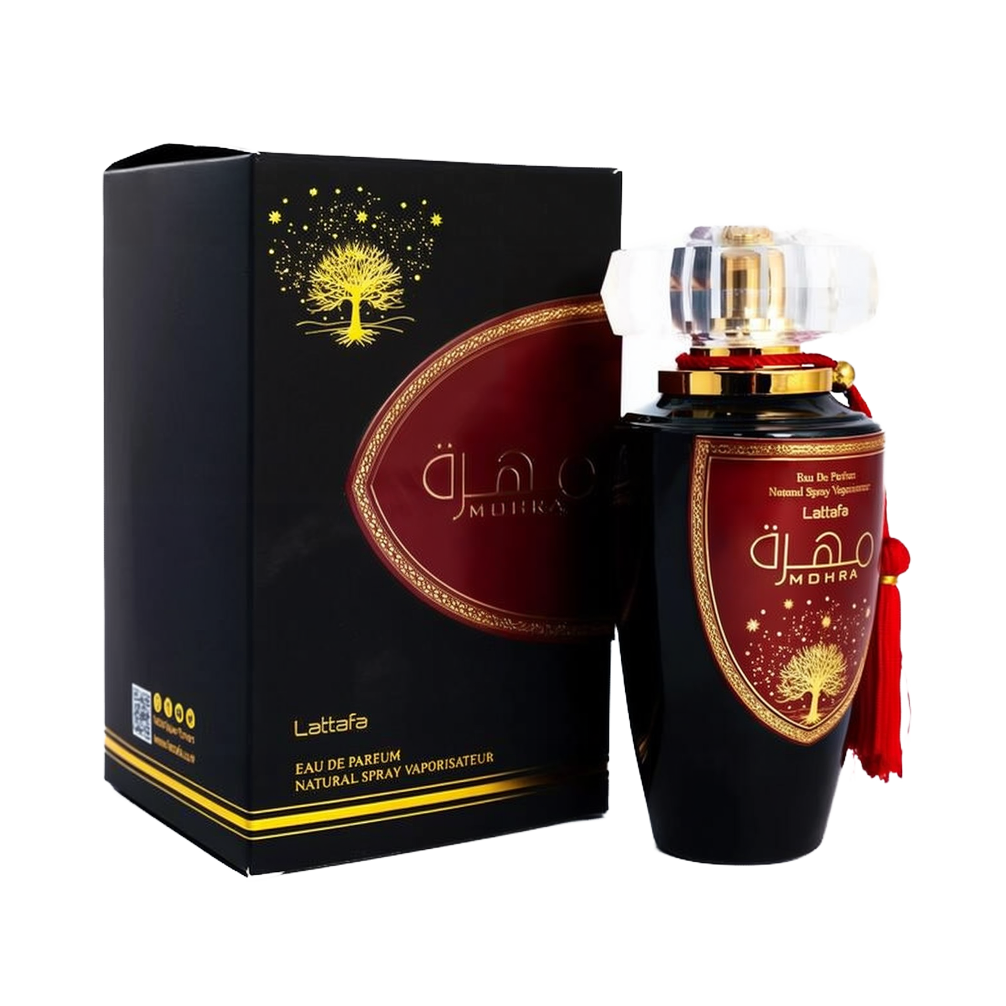 A luxurious black and gold box of "Mohra" Eau de Parfum by Lattafa, featuring an ornate golden tree design and elegant Arabic script. The box is placed next to a matching perfume bottle with a black base, adorned with a large maroon and gold label. The bo