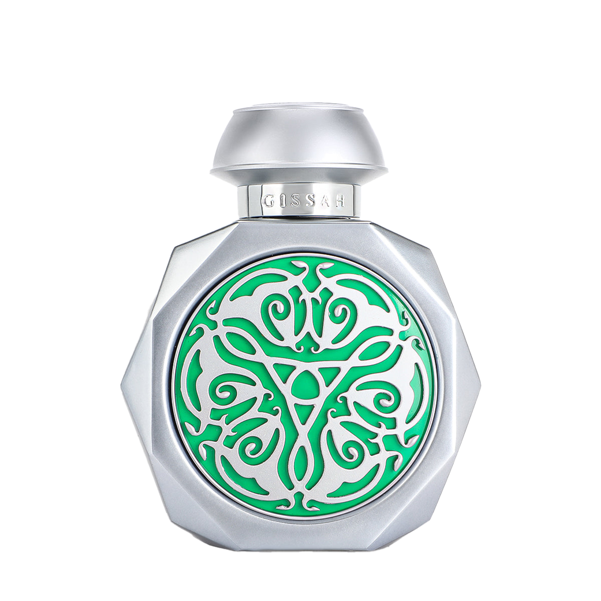 Silver perfume bottle with green decorative emblem.