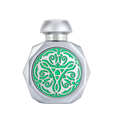Silver perfume bottle with green decorative emblem.