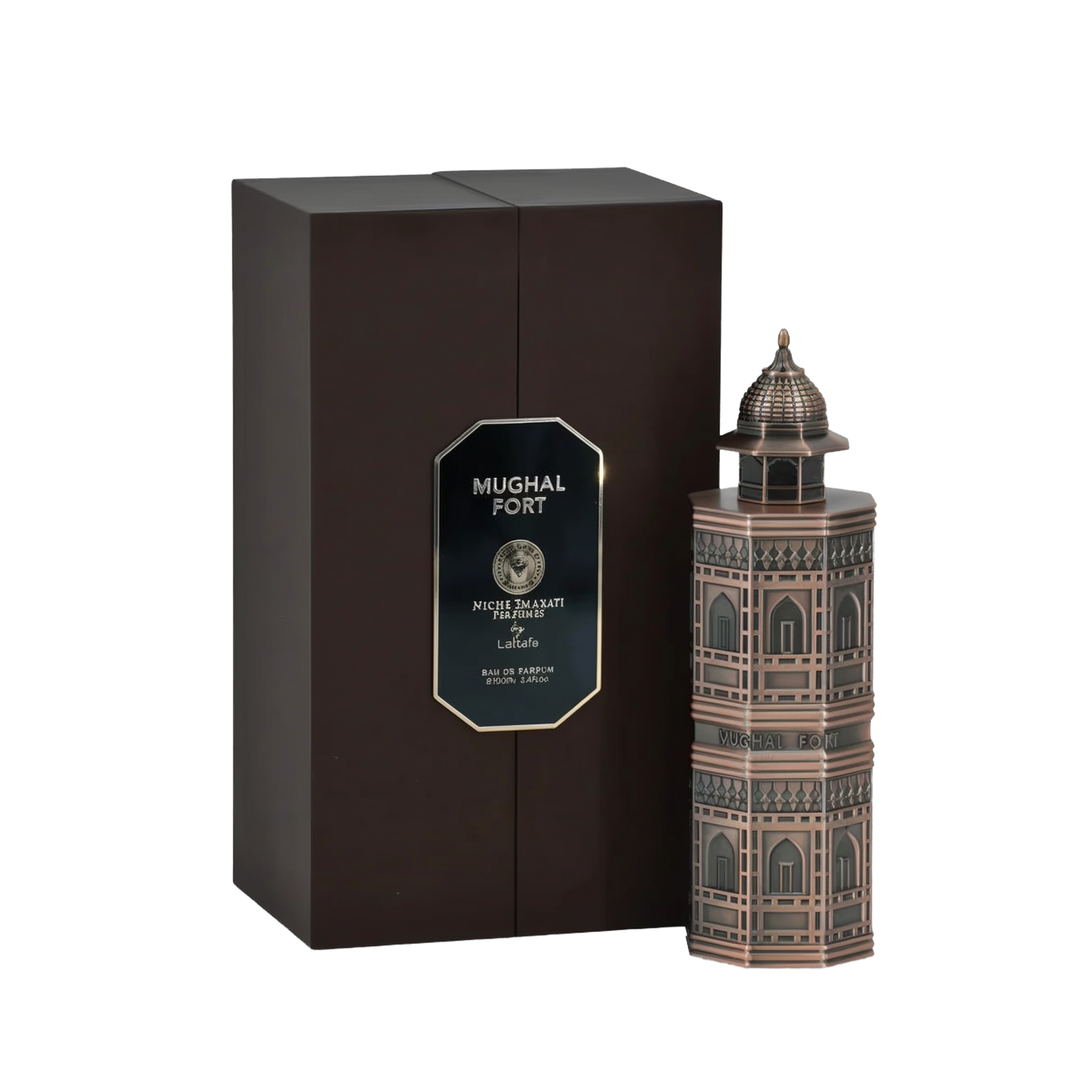 A brown rectangular perfume box labeled 'Mughal Fort' from the Niche Emarati Perfumes collection by Lattafa. The bottle design mimics a Mughal-style fort with intricate architectural detailing. The product label is displayed on a gold and black plaque, an