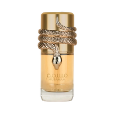 he image is of a perfume bottle with these characteristics:  The bottle is transparent, revealing a golden-colored liquid, indicating perfume inside. It has a gold-colored cap and a thick gold rope design wrapped around the upper portion of the bottle, culminating in a detailed snakehead motif. The snake design has intricate scales and features two small black details suggesting eyes.