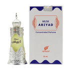 The image shows a bottle of "Musk Abiyad" concentrated perfume by Afnan Perfumes, next to its packaging. The perfume bottle appears to have a traditional design with a silver metallic finish and intricate decorative patterns, topped with a dome-shaped cap. It has a label with Arabic script in green, hinting at the fragrance's oriental inspiration.  The white and blue color scheme of the box contrasts with the silver and green of the bottle, making it stand out.