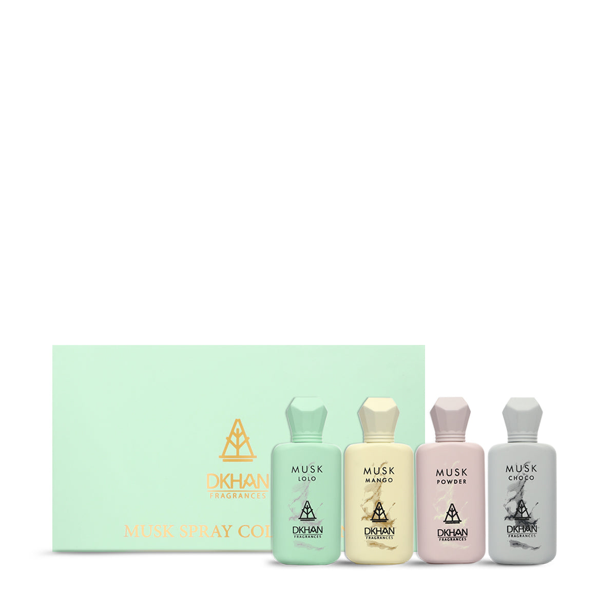 This image features the Musk Spray Collection from DKHAN Fragrances. The collection includes four bottles of musk perfumes, each with a different pastel shade and corresponding to a unique scent: "MUSK LOLO" in mint green, "MUSK MANGO" in soft yellow, "MUSK POWDER" in pale pink, and "MUSK CHOCO" in light grey. They are displayed against a plain background with a large, mint green box lying flat behind them, bearing the DKHAN Fragrances logo in a triangle with the text inside "MUSK SPRAY COLLECTION".